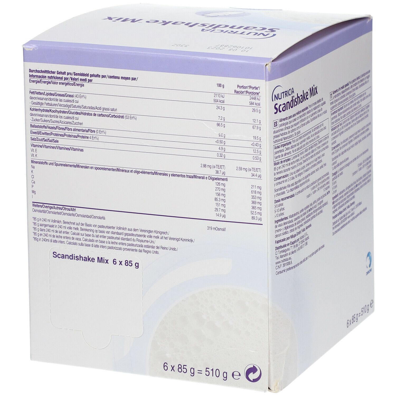 Dos de la boîte Scandishake Mix Neutre. Contient des informations nutritionnelles et des ingrédients. Marque Nutricia.