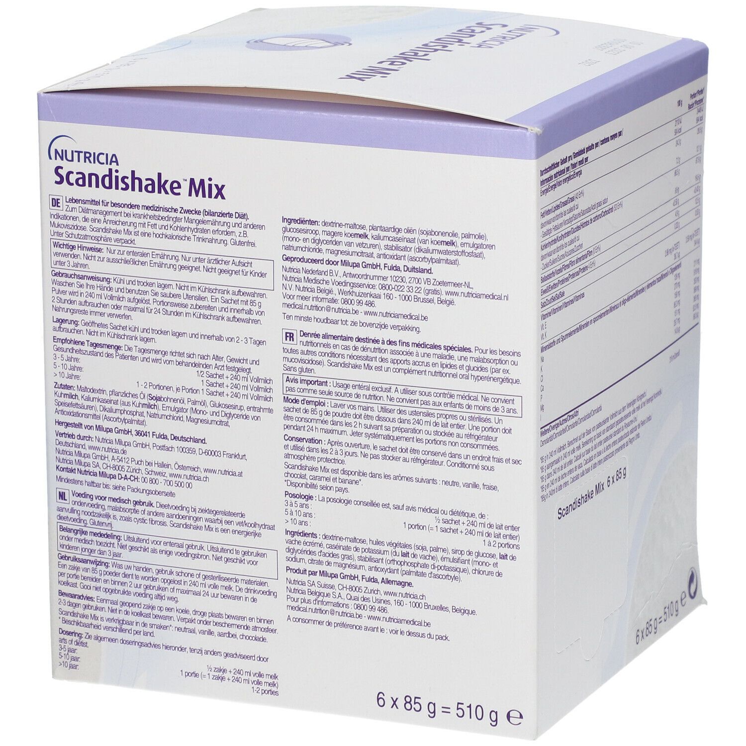 Côté de la boîte Scandishake Mix Neutre. Contient des informations d'utilisation et des ingrédients. Marque Nutricia.