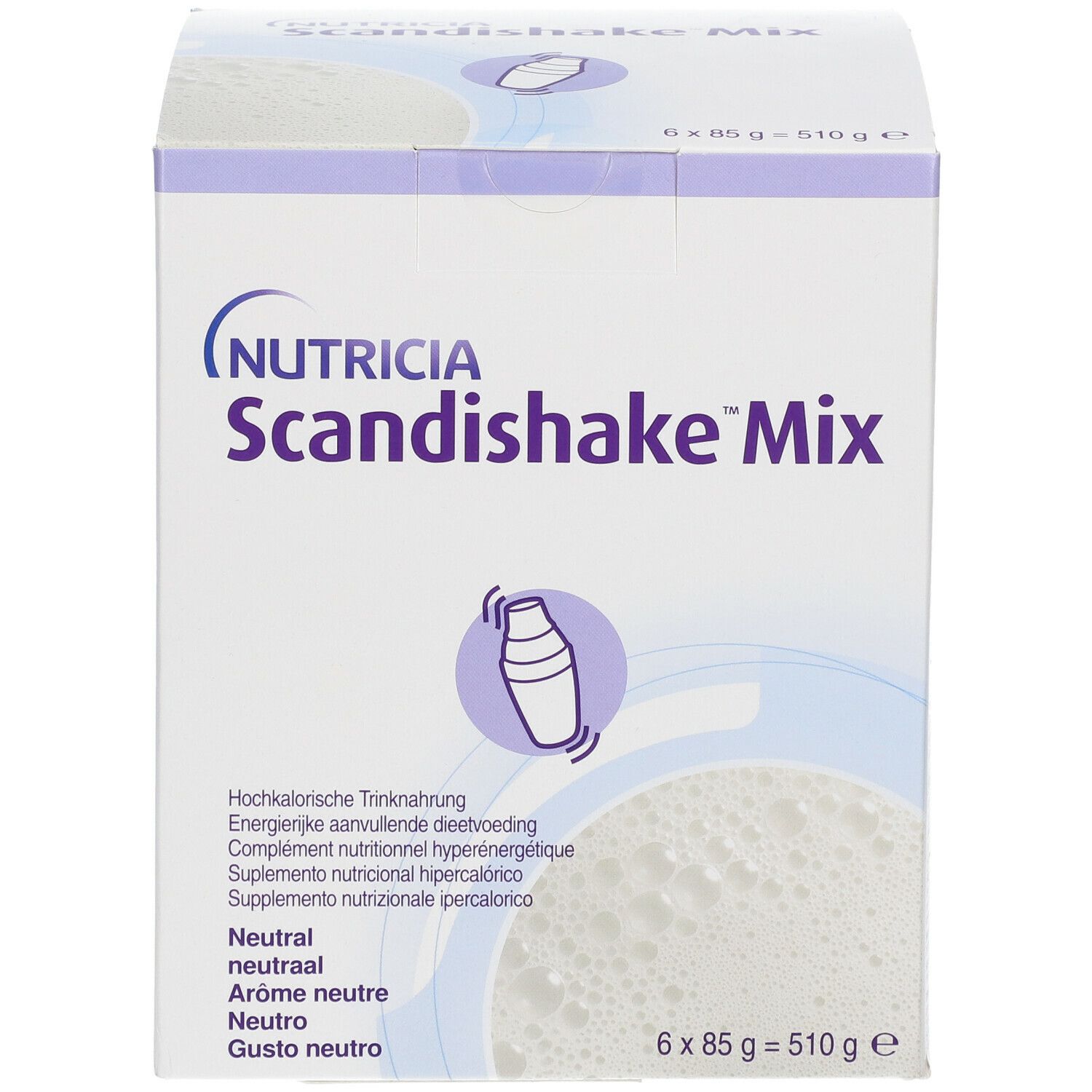 Face avant de la boîte Scandishake Mix Neutre. Marque Nutricia. Contient 6 sachets de 85g. Goût neutre.