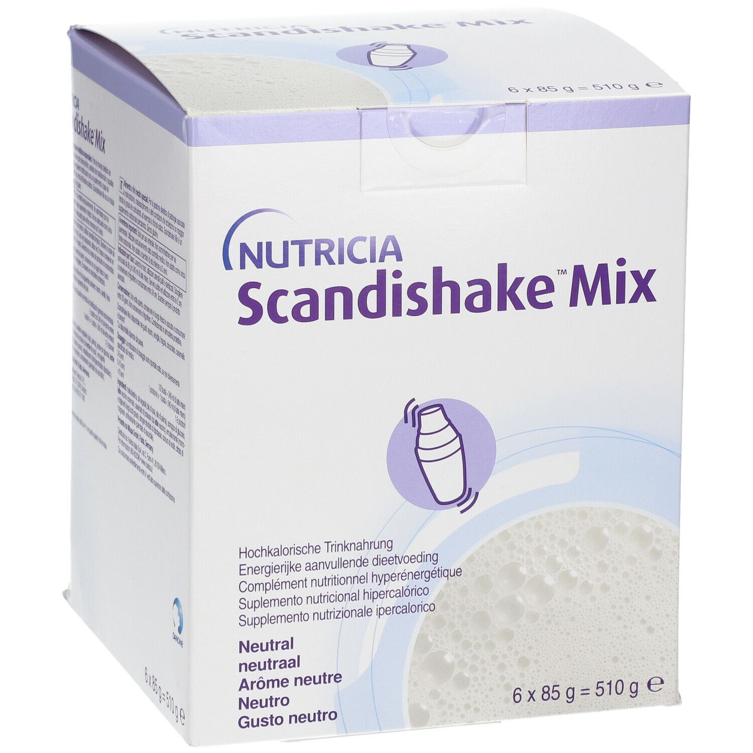 Face avant de la boîte Scandishake Mix Neutre. Marque Nutricia. Contient 6 sachets de 85g. Goût neutre.