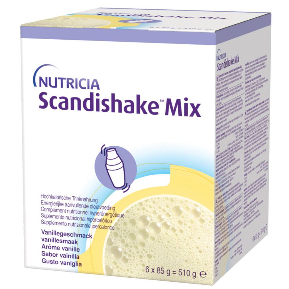 Doos Scandishake Mix Vanille Nutricia. Bevat 6 zakjes van 85g. Meertalige opschriften.