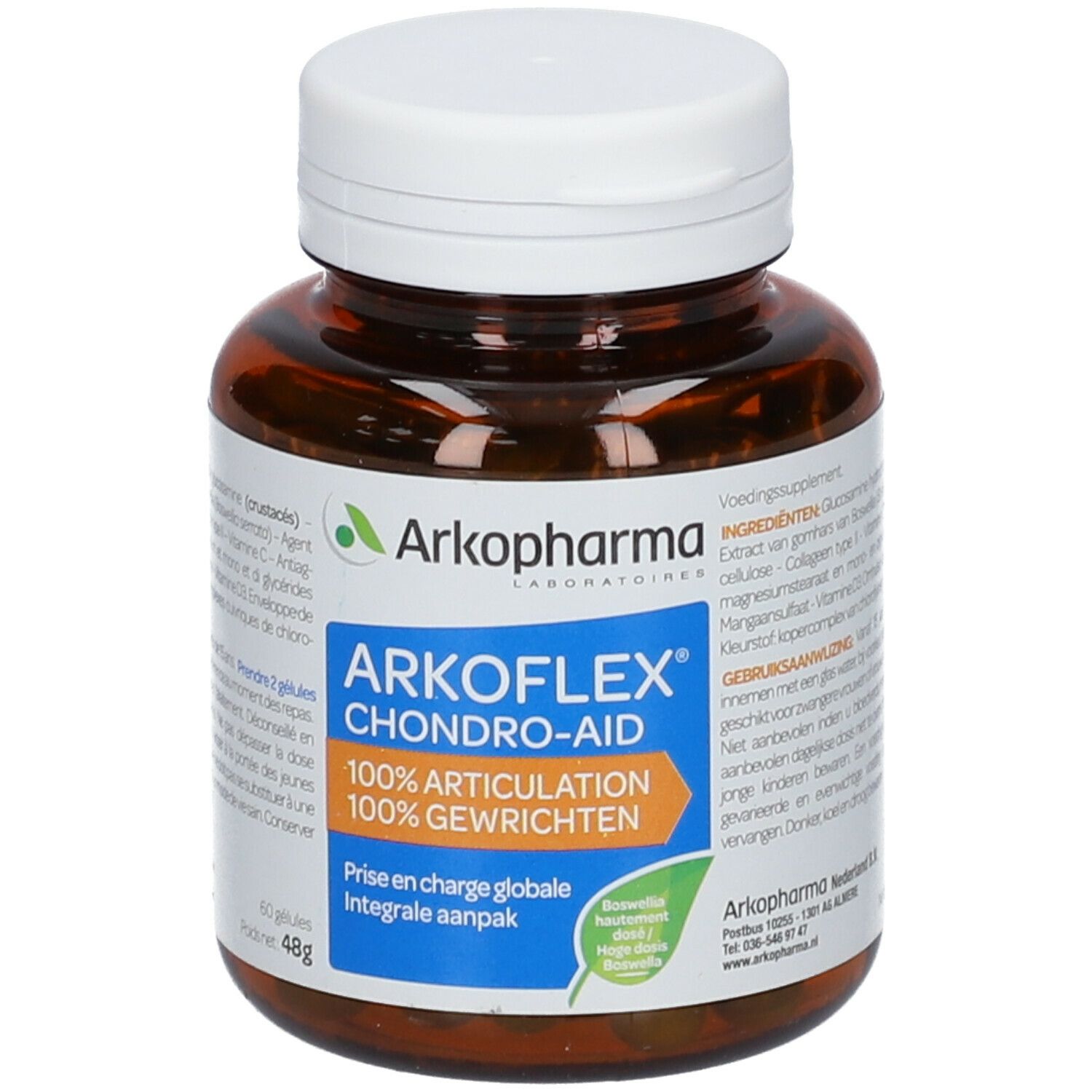 Bruine fles met witte dop. Etiket met productnaam en ingrediënten. 60 capsules.