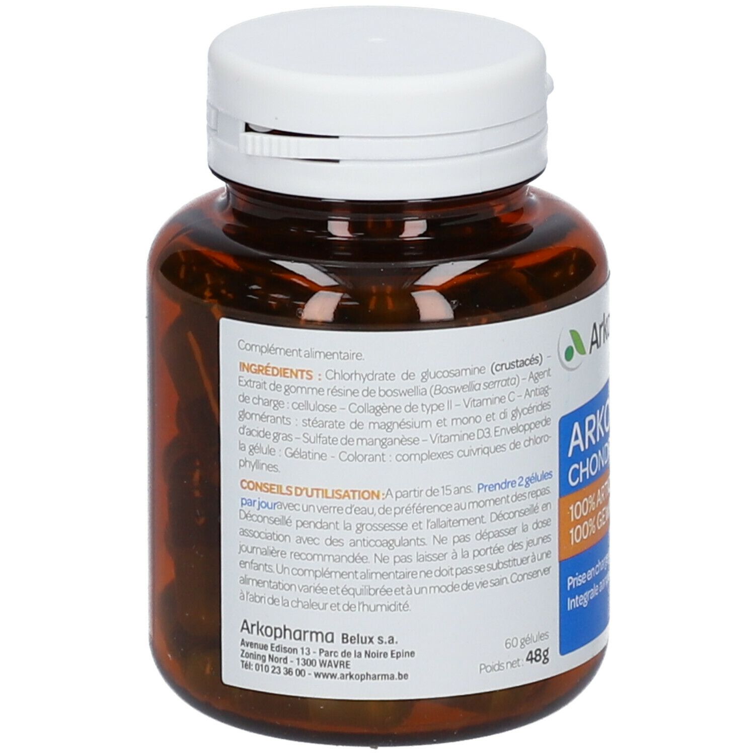 Bruine fles met witte dop. Achterkant met ingrediënten en gebruiksaanwijzing. 60 capsules.