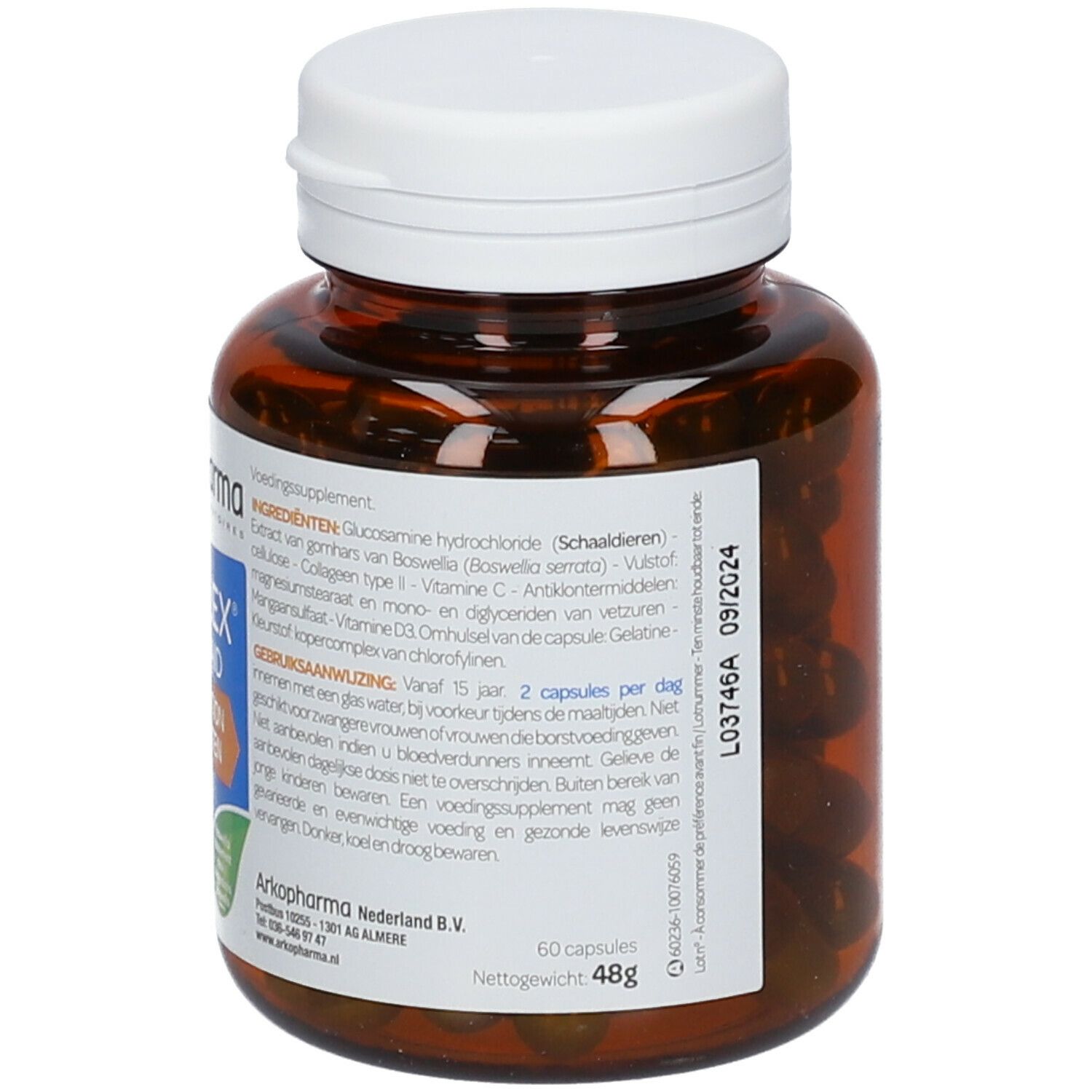 Bruine fles met witte dop. Etiket met productinformatie. 60 capsules. Vervaldatum.