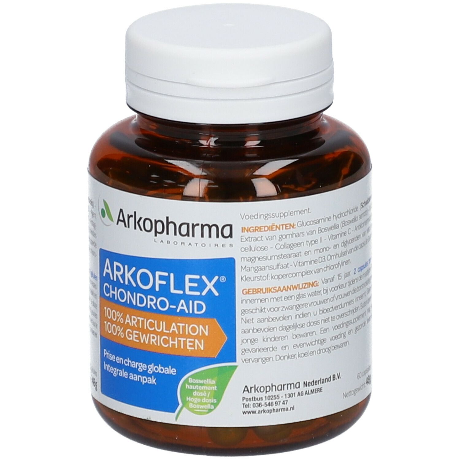 Bruine fles met witte dop. Etiket met productnaam en ingrediënten. 60 capsules.