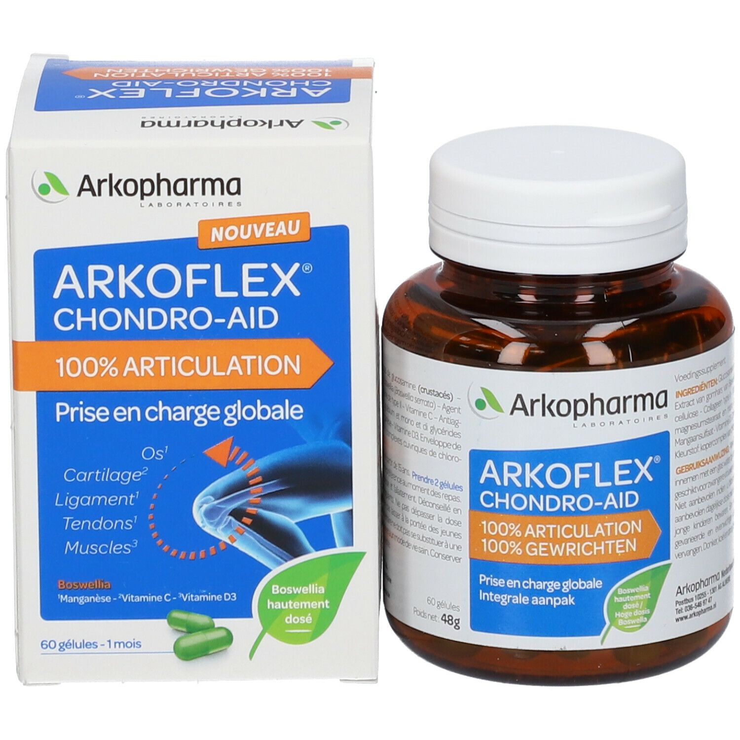 Verpakking en fles. Verpakking met productnaam en ingrediënten. 60 capsules.