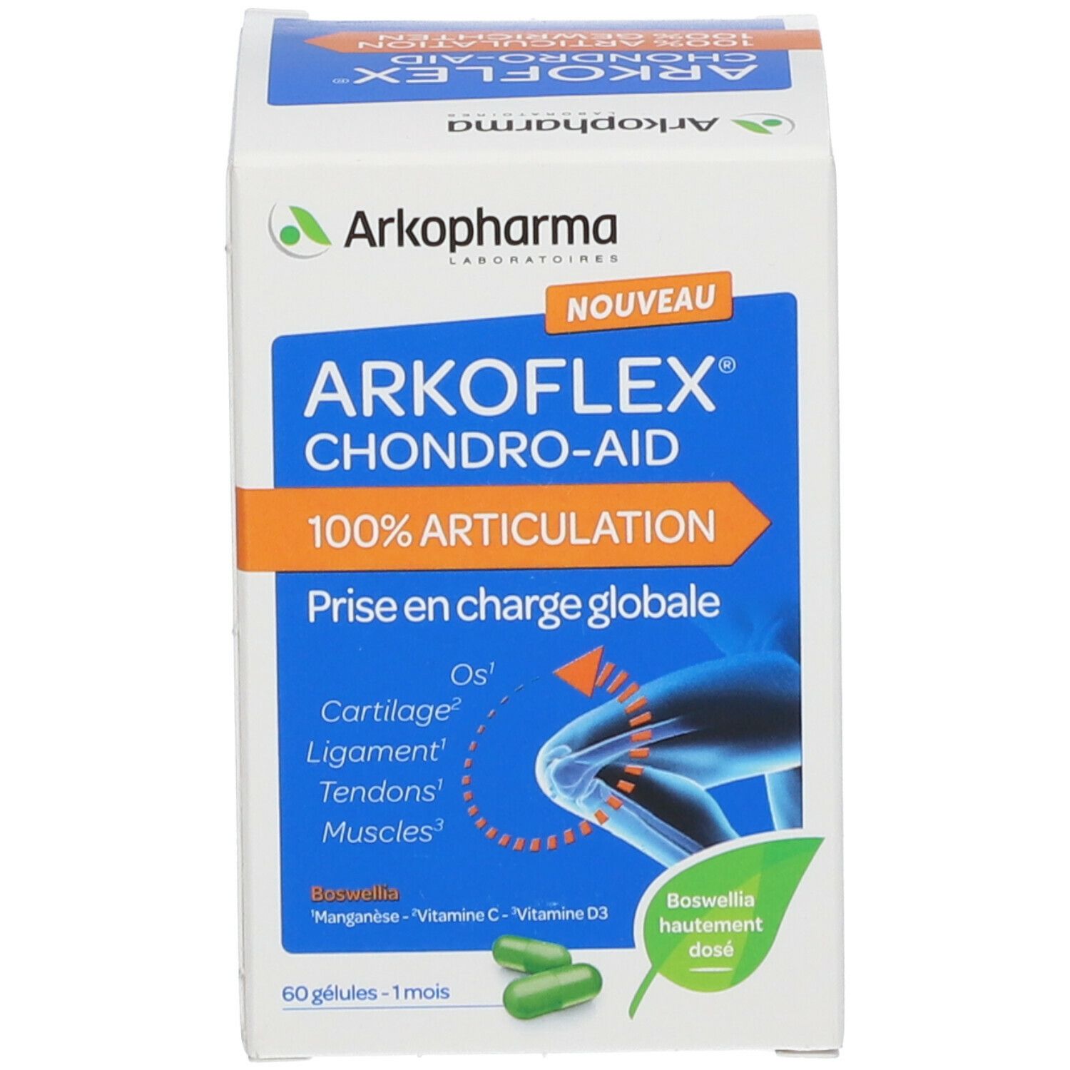 Productverpakking. Verpakking met productnaam en ingrediënten. 60 capsules.