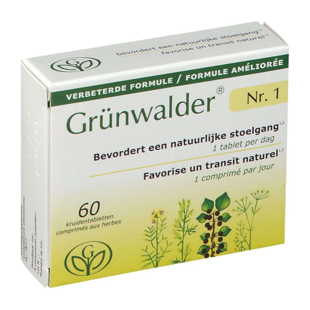 Doos Grünwalder Nr. 1 met 60 tabletten. Opschrift: Verbeterde Formule, 1 tablet per dag. Kruidentabletten.