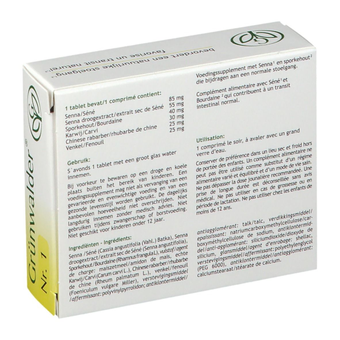 Achterkant van de doos Grünwalder Nr. 1. Tekst: Voedingssupplement met Senna en Sporkehout. Ingrediënten, gebruiksaanwijzing.