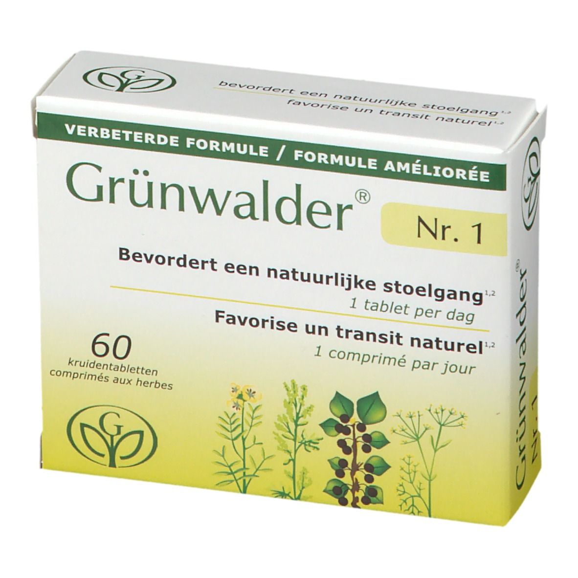Doos Grünwalder Nr. 1 met 60 tabletten. Opschrift: Verbeterde Formule, 1 tablet per dag. Kruidentabletten.