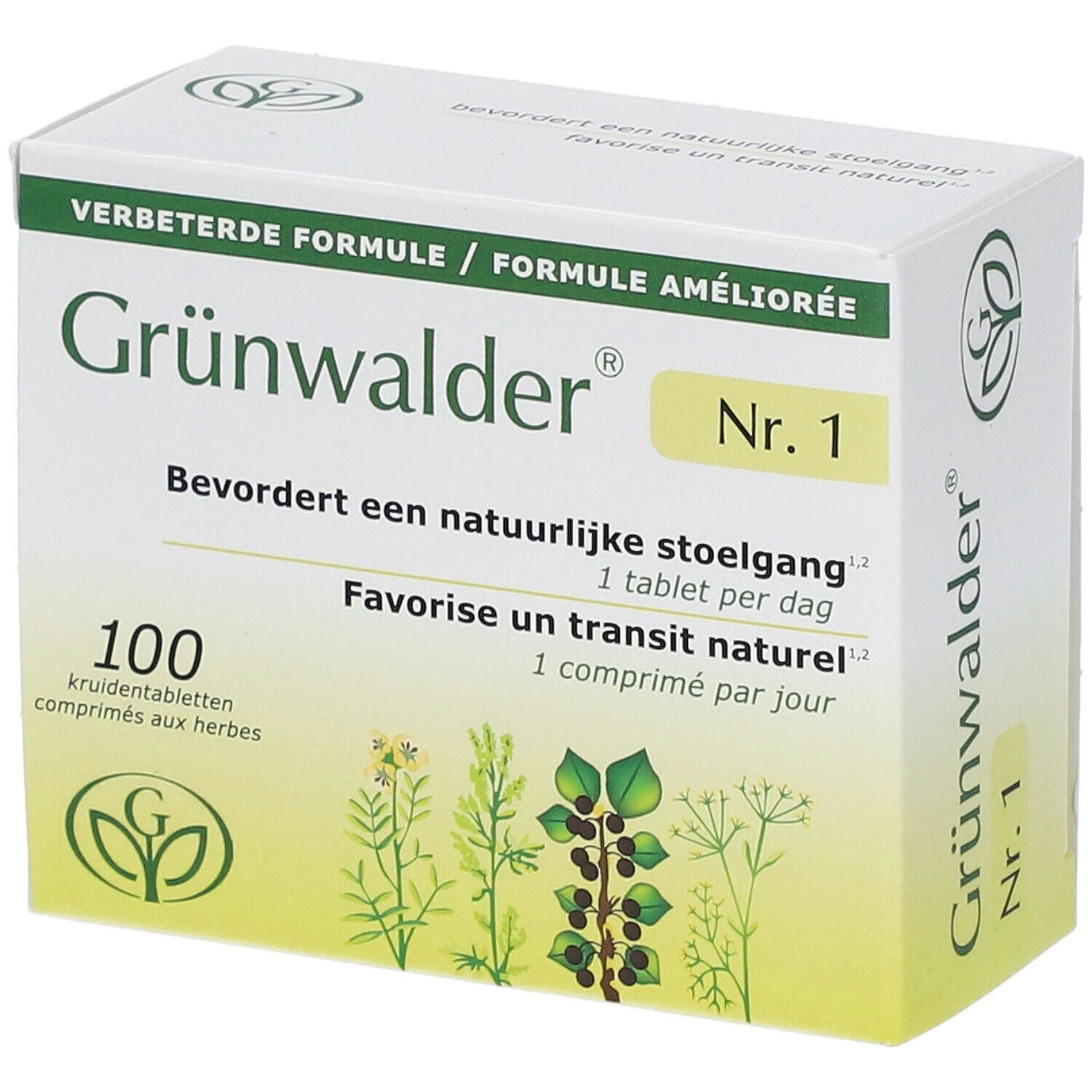 Boîte de comprimés Grünwalder Nr. 1. Nom du produit, ingrédients et logo sur le devant. 100 comprimés.