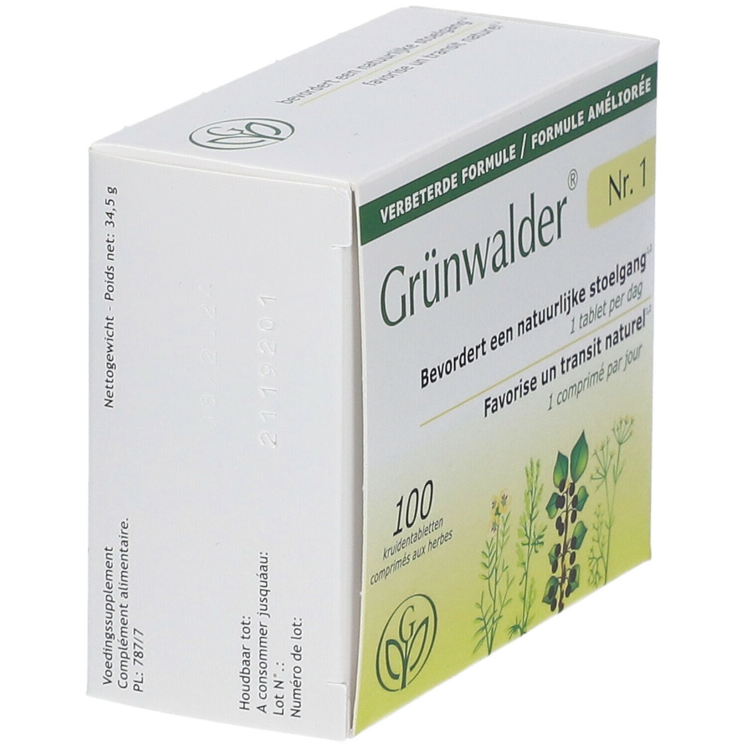 Boîte Grünwalder Nr. 1, vue latérale. Nom et logo du produit. Texte en allemand et français. Poids net 34,5g.