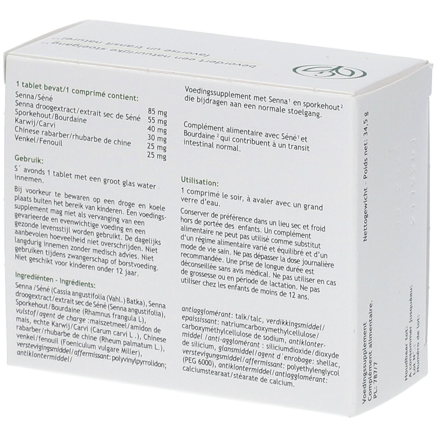 Dos de la boîte Grünwalder Nr. 1. Ingrédients, instructions d'utilisation et informations nutritionnelles. Texte multilingue.