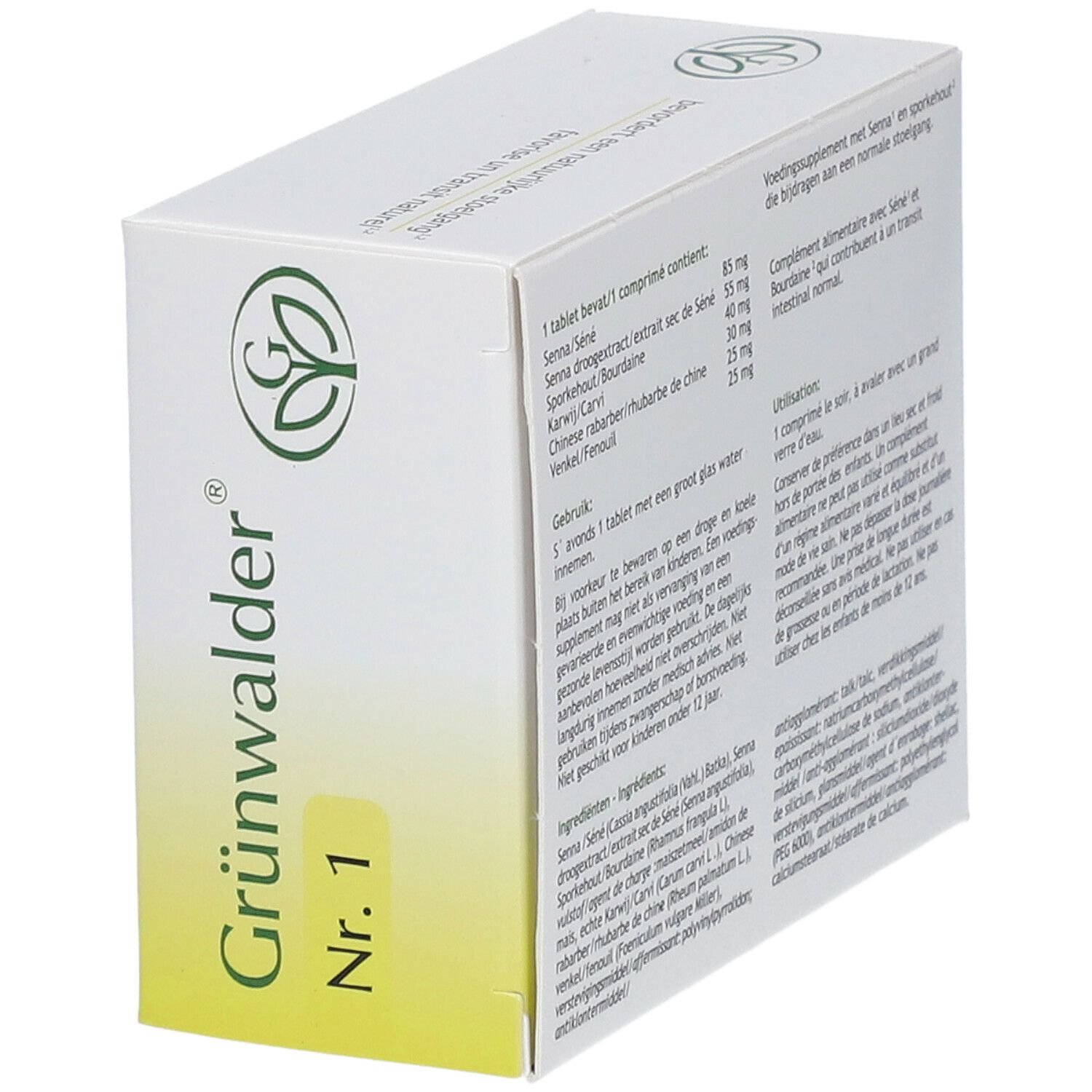 Boîte Grünwalder Nr. 1, vue en diagonale. Nom et logo du produit. Texte en allemand et français. Poids net 34,5g.