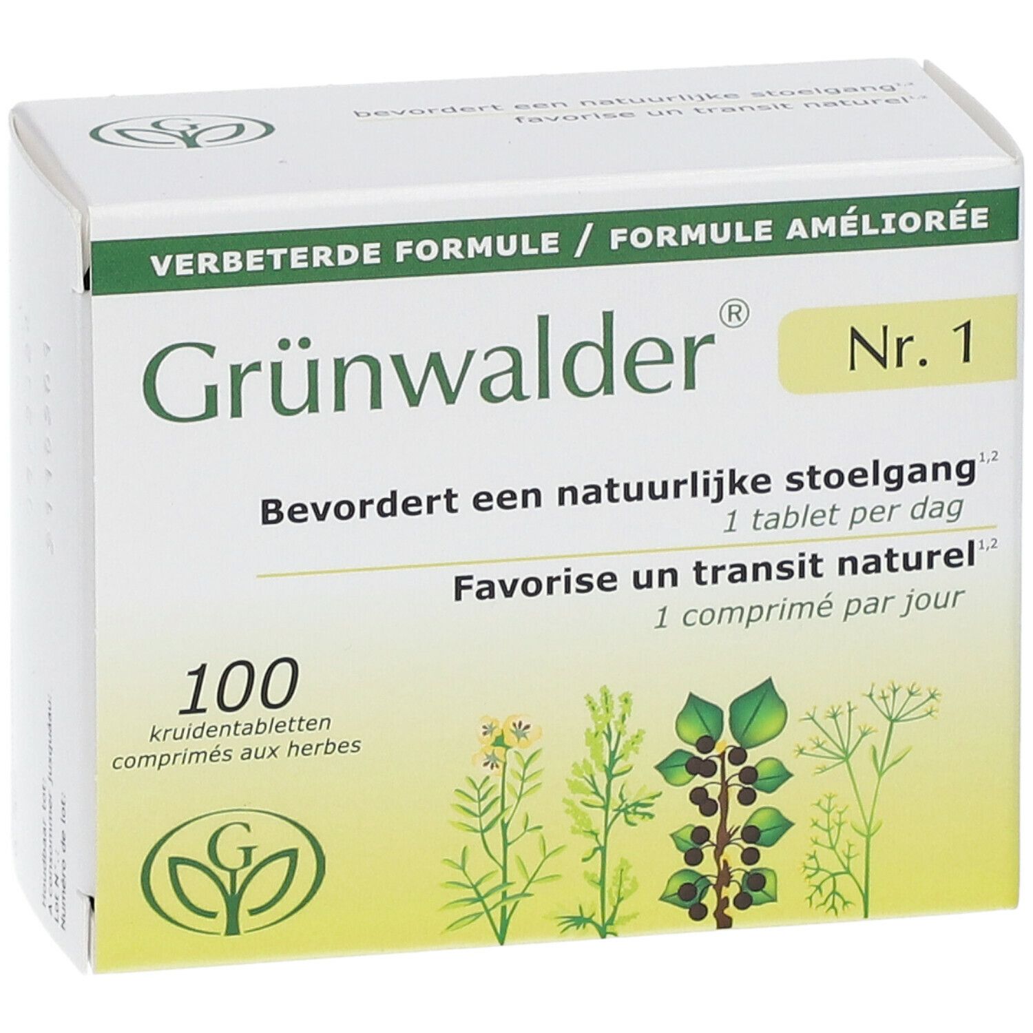Boîte de comprimés Grünwalder Nr. 1. Nom du produit, ingrédients et logo sur le devant. 100 comprimés.