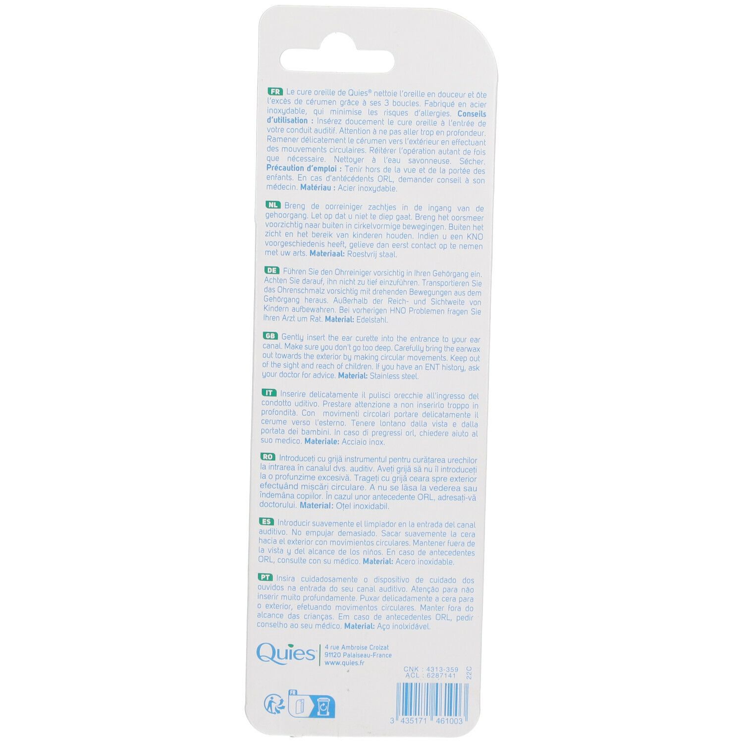 Dos de l'emballage QUIES Cure oreille. Texte multilingue. Matériau: acier inoxydable. Informations fabricant et code-barres.
