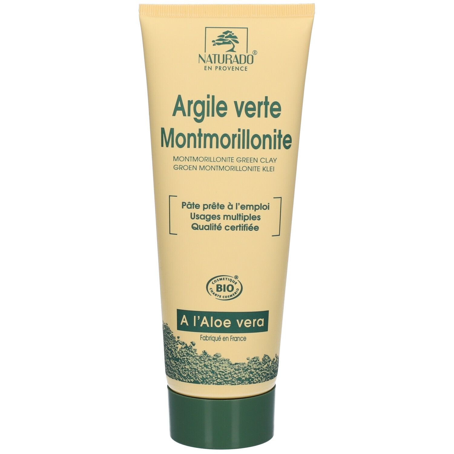 Beige tube met groene tekst: Argile Verte Montmorillonite. Tekst: Usages multiples, Qualité certifiée. Bio-logo. Merk: NATURADO.