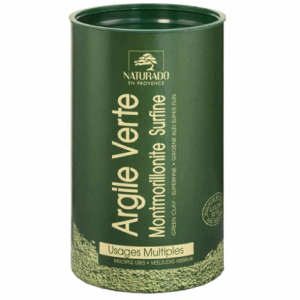 Groene cilindrische doos met productnaam: Argile Verte Montmorillonite. Merk: NATURADO EN PROVENCE. Tekst in het Frans en Nederlands.