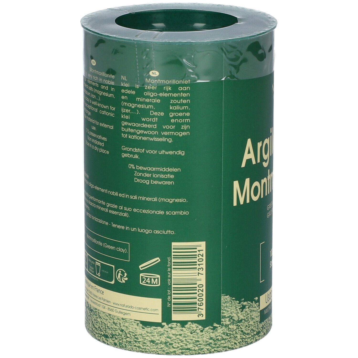 Groene cilindrische doos met productnaam: Argile Verte Montmorillonite. Merk: NATURADO EN PROVENCE. Tekst in het Frans en Nederlands.