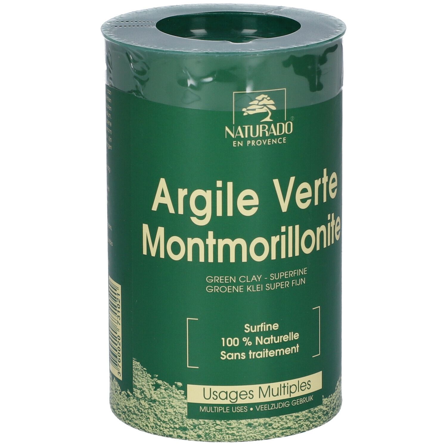 Groene cilindrische doos met productnaam: Argile Verte Montmorillonite. Merk: NATURADO EN PROVENCE. Tekst in het Frans en Nederlands.