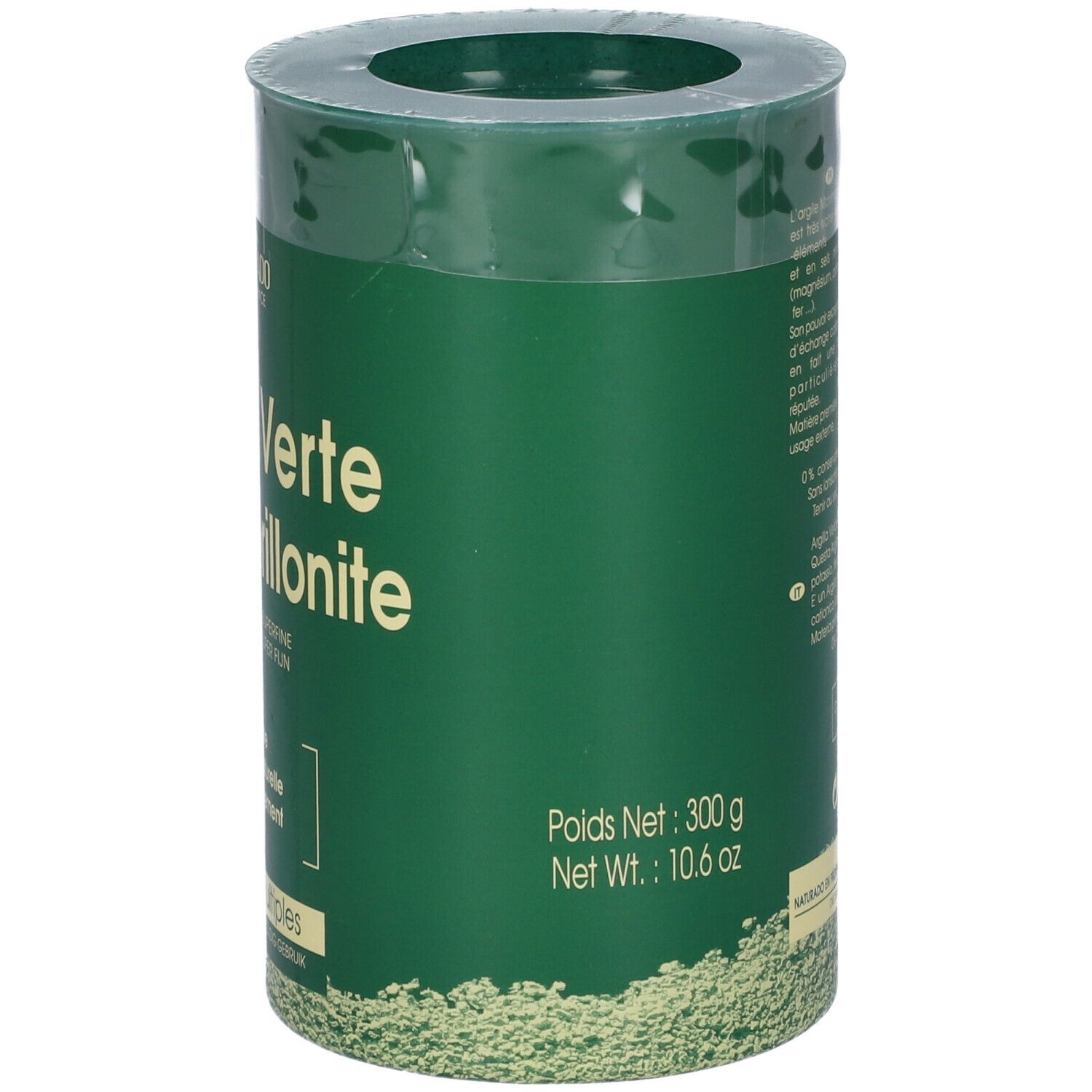 Groene cilindrische doos met productnaam: Argile Verte Montmorillonite. Merk: NATURADO EN PROVENCE. Tekst in het Frans en Nederlands. Nettogewicht 300g.
