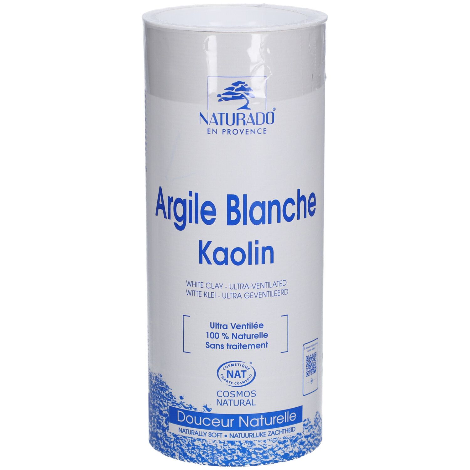 Zylindrische Verpackung. Produktname "Argile Blanche Kaolin". Marke NATURADO EN PROVENCE®. COSMOS NATURAL-Zertifizierung.