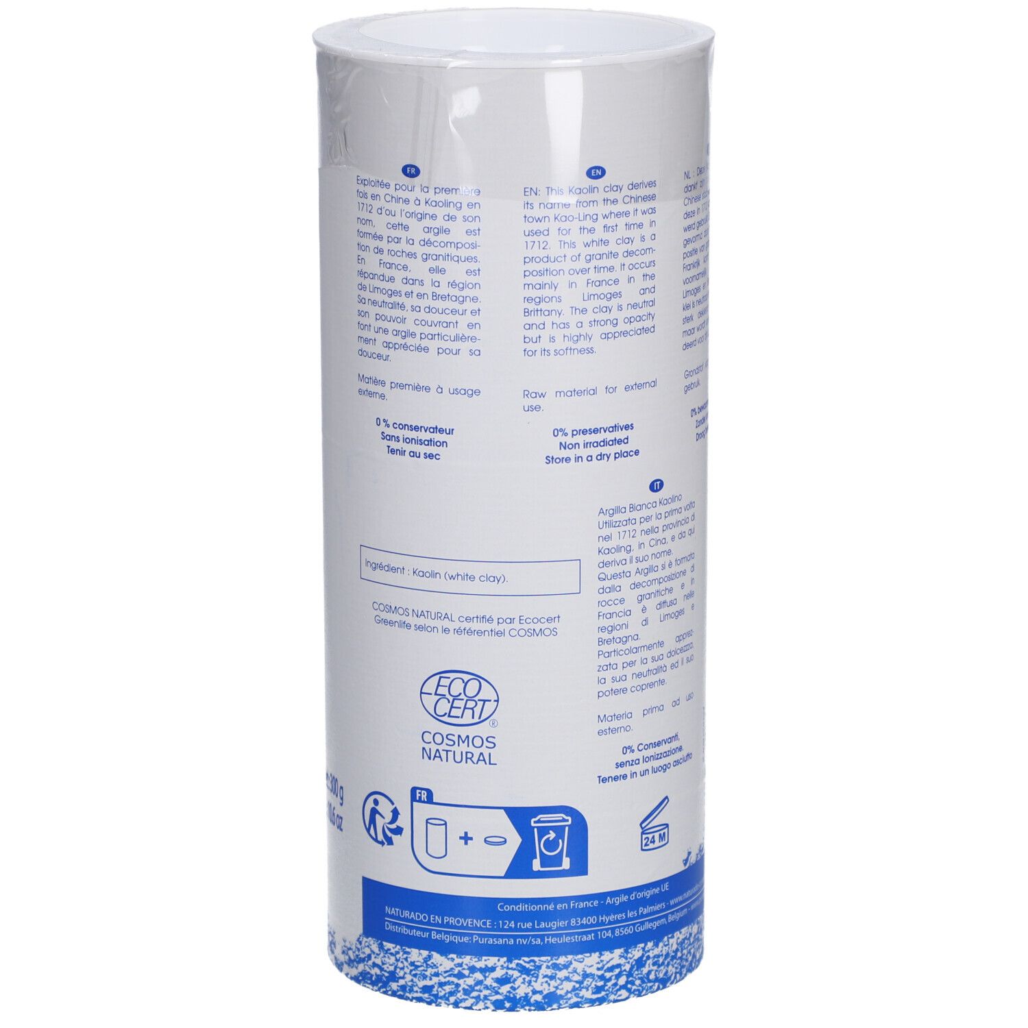 Zylindrische Verpackung. Rückseite mit Text in mehreren Sprachen. Marke NATURADO EN PROVENCE®. ECO CERT COSMOS NATURAL.