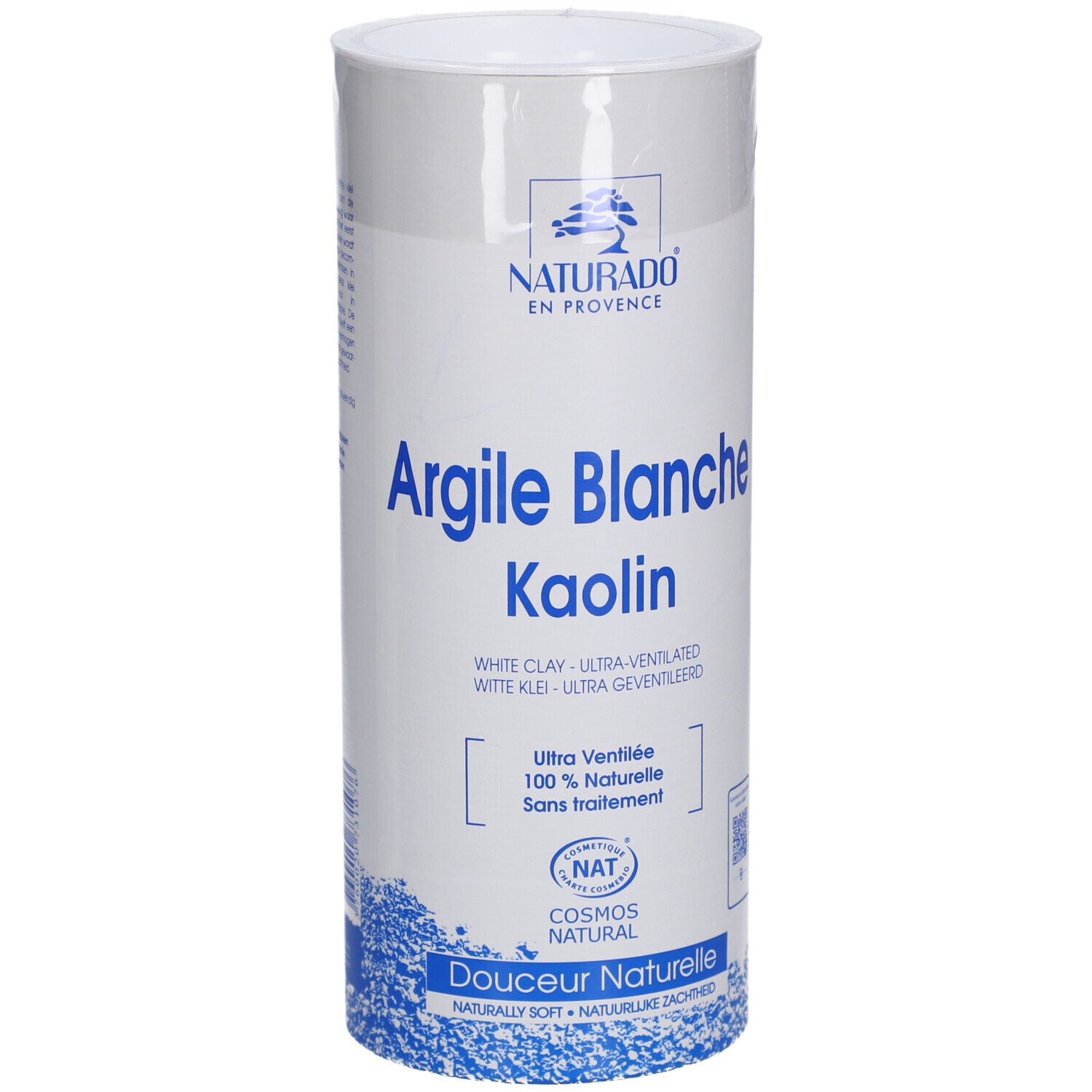 Zylindrische Verpackung. Produktname "Argile Blanche Kaolin". Marke NATURADO EN PROVENCE®. COSMOS NATURAL-Zertifizierung.