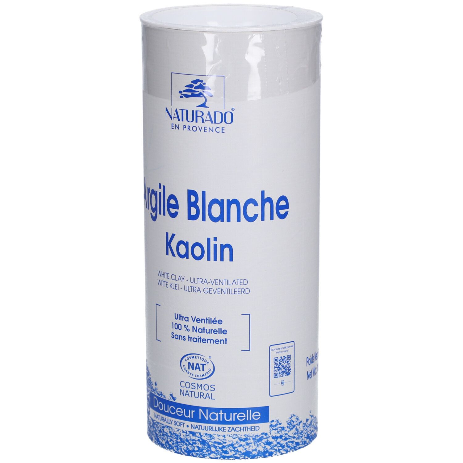 Zylindrische Verpackung. Produktname "Argile Blanche Kaolin". Marke NATURADO EN PROVENCE®. COSMOS NATURAL-Zertifizierung.
