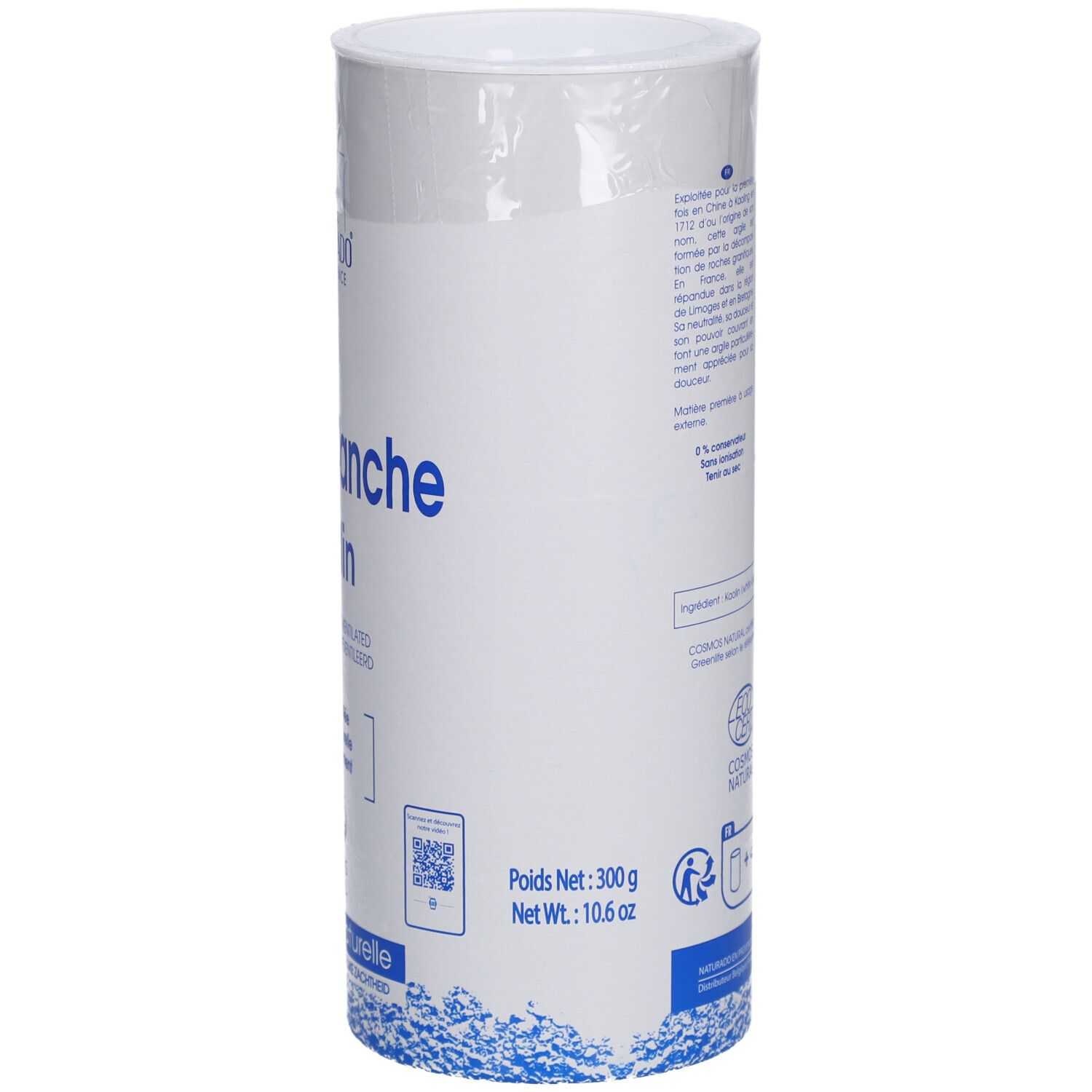 Zylindrische Verpackung. Produktname "Argile Blanche Kaolin". Marke NATURADO EN PROVENCE®. Nettogewicht 300g.