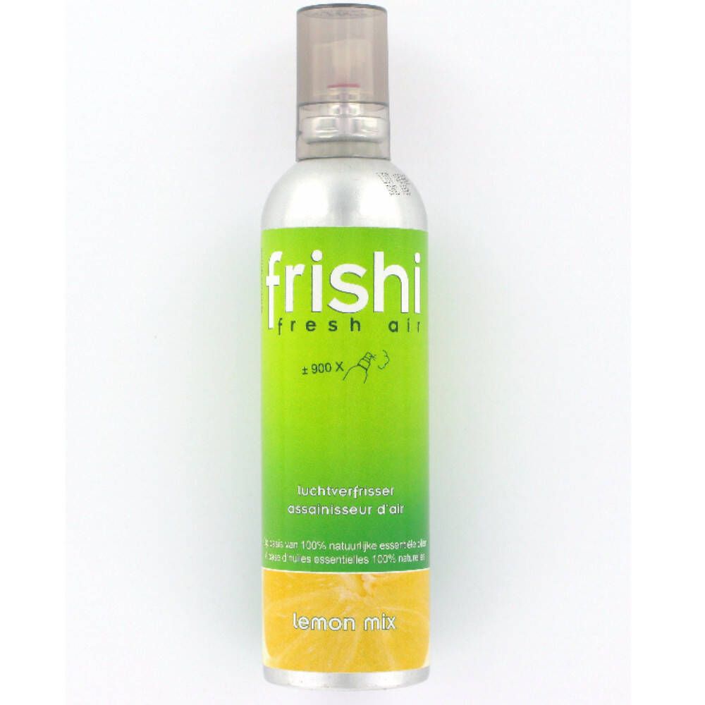 Frishi Lemon Mix luchtverfrisser. Fles met sproeikop. Groen-geel etiket met productnaam en citroen. 100% natuurlijke essentiële oliën.