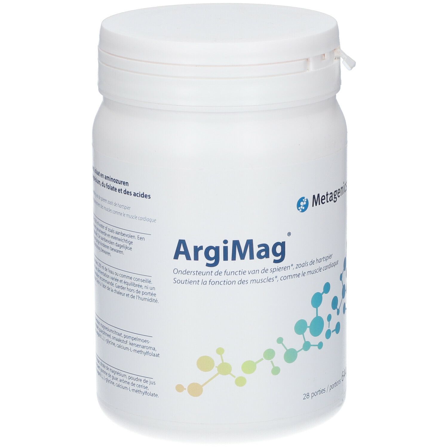 Witte plastic container met deksel. Opschrift: ArgiMag, ondersteunt spierfunctie. 28 porties.