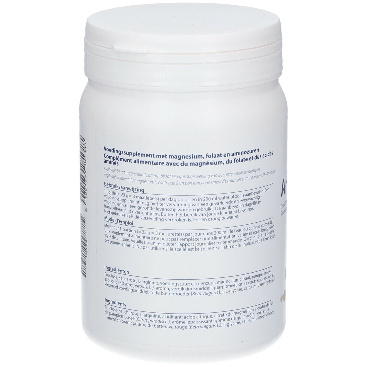 Witte plastic container met deksel. Achterkant met tekst: Voedingssupplement met magnesium, folaat en aminozuren.