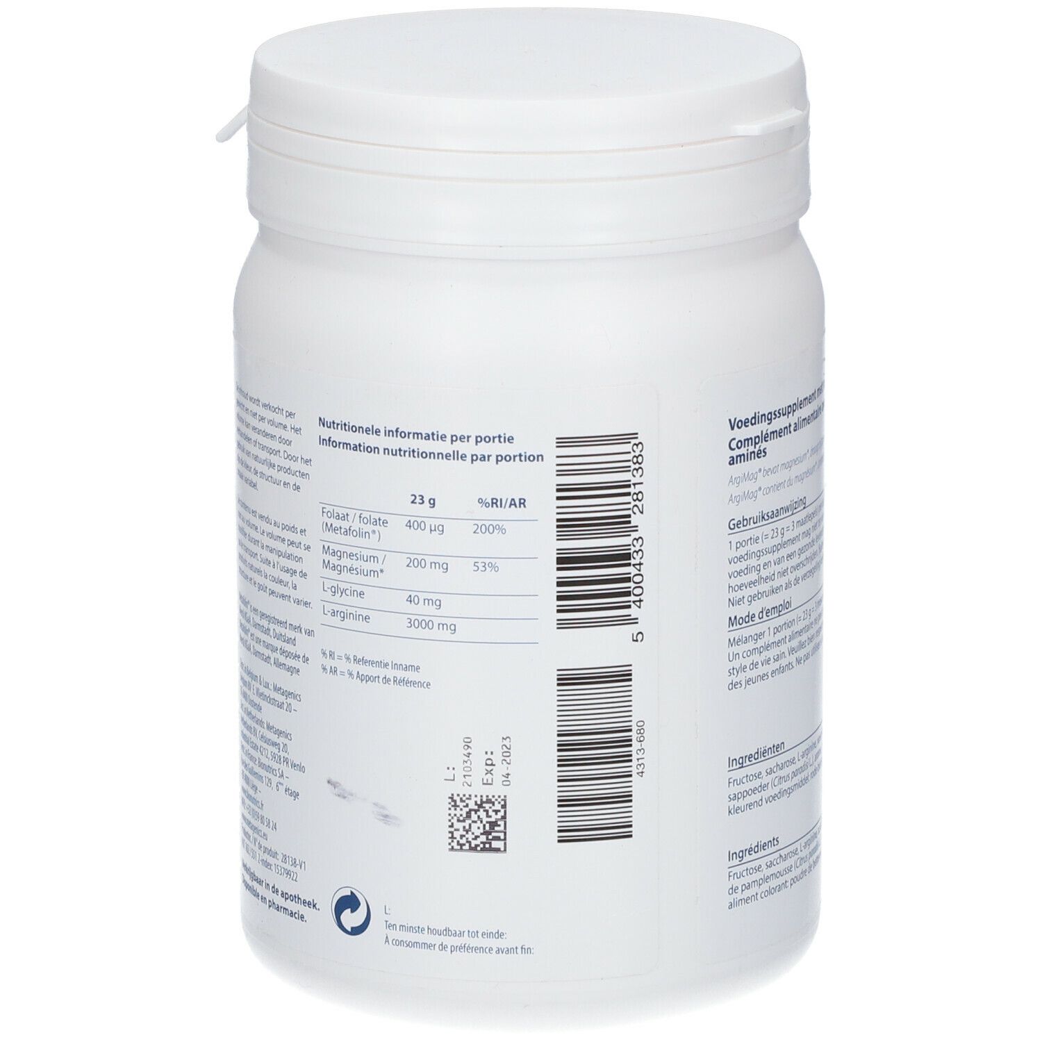 Witte plastic container met deksel. Achterkant met voedingswaarde-informatie en barcode.