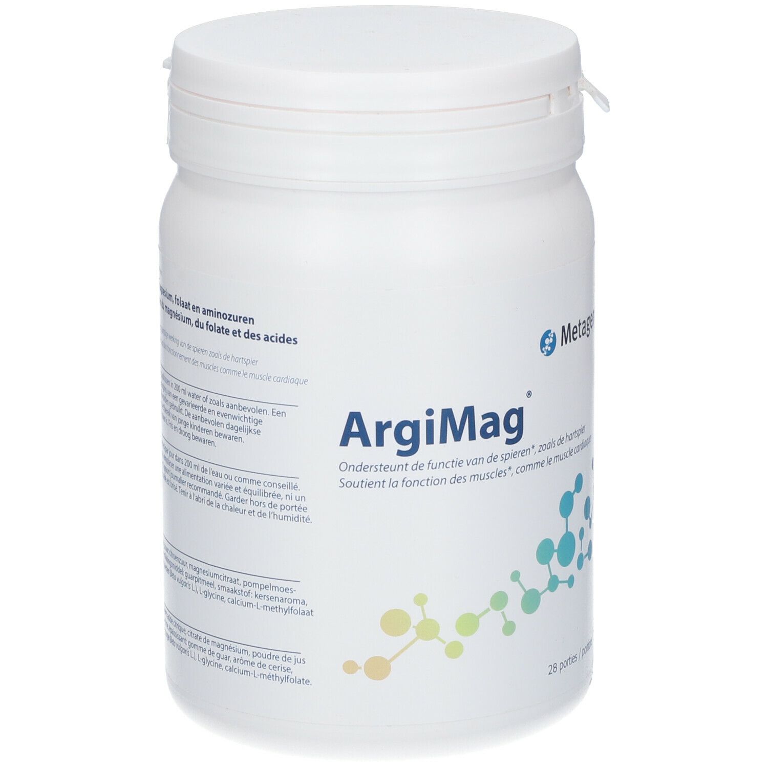 Witte plastic container met deksel. Opschrift: ArgiMag, ondersteunt spierfunctie. 28 porties.