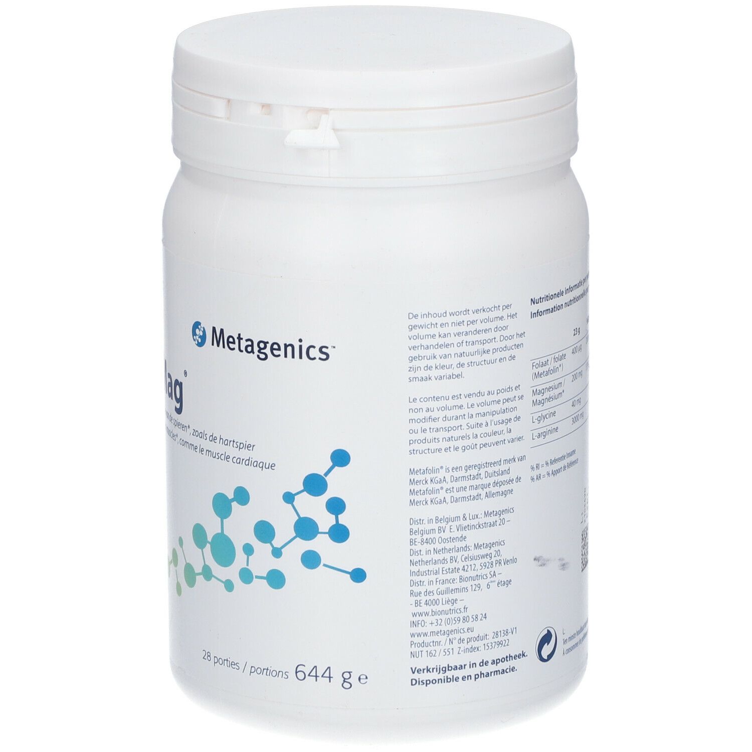 Witte plastic container met deksel. Opschrift: Metagenics, ArgiMag, 28 porties, 644 g.
