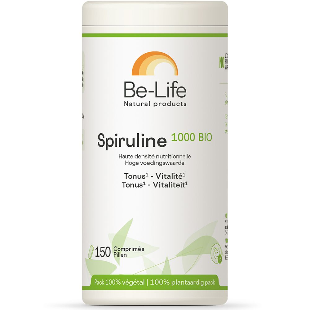 Boîte cylindrique "Be-Life Spiruline 1000 BIO". 150 comprimés. Emballage vert et blanc avec logo et informations produit.