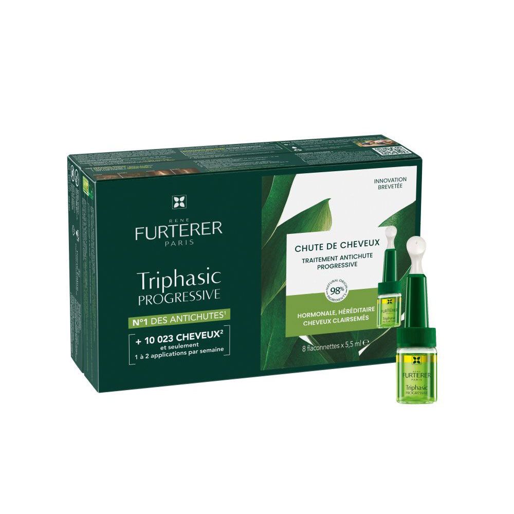 Verpakking van Triphasic Progressive. Groene en bruine doos met productafbeelding en tekst.