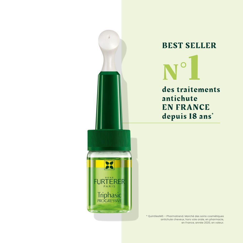 Ampul Triphasic Progressive. Groene ampul met witte applicator. Tekst: N°1 des antichutes.
