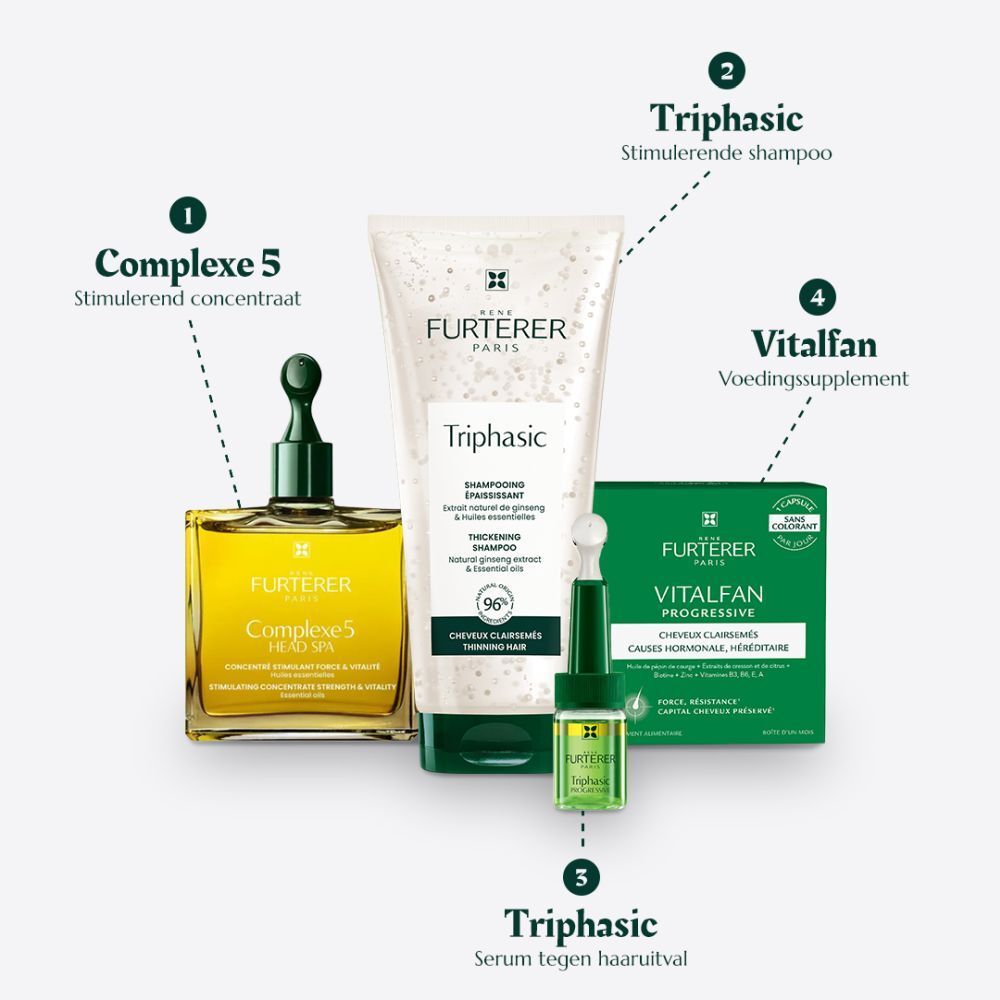 Verschillende producten: Complexe 5, Triphasic Shampoo, Triphasic Serum, Vitalfan.