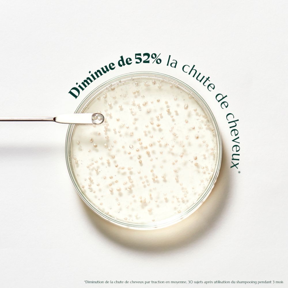 Boîte de Pétri avec liquide. Texte: Diminue de 52% la chute de cheveux.
