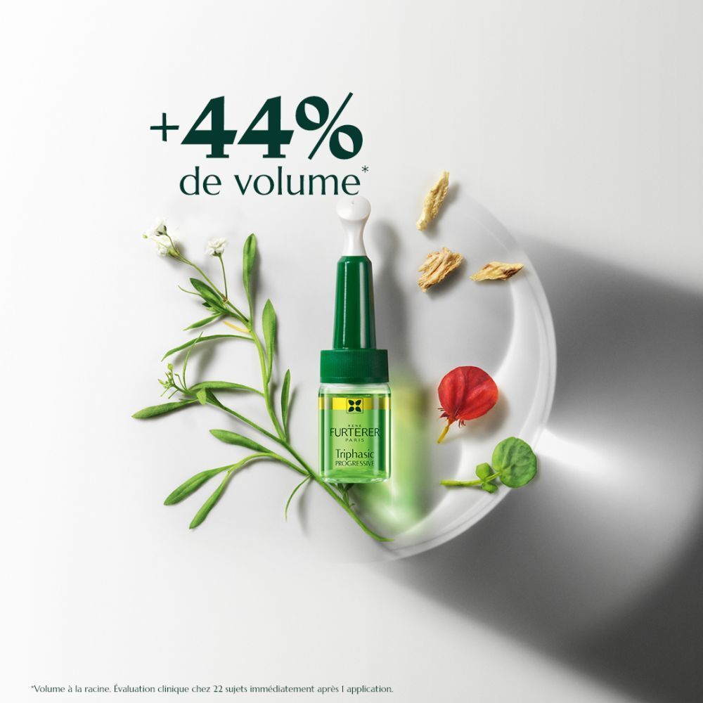 Ampoule Triphasic Progressive avec plantes. Texte: +44% de volume.