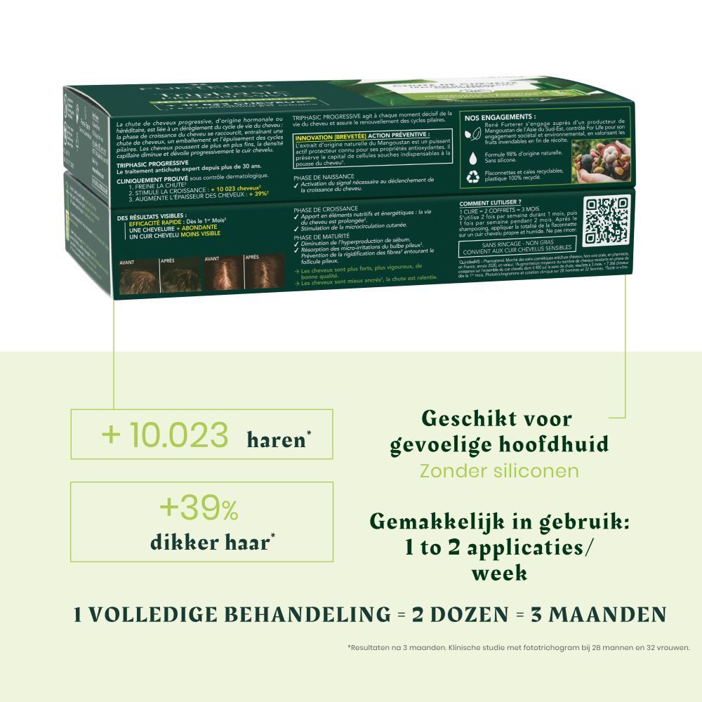Verpakking Triphasic Progressive. Tekst: +10.023 haren, +39% dikker haar.