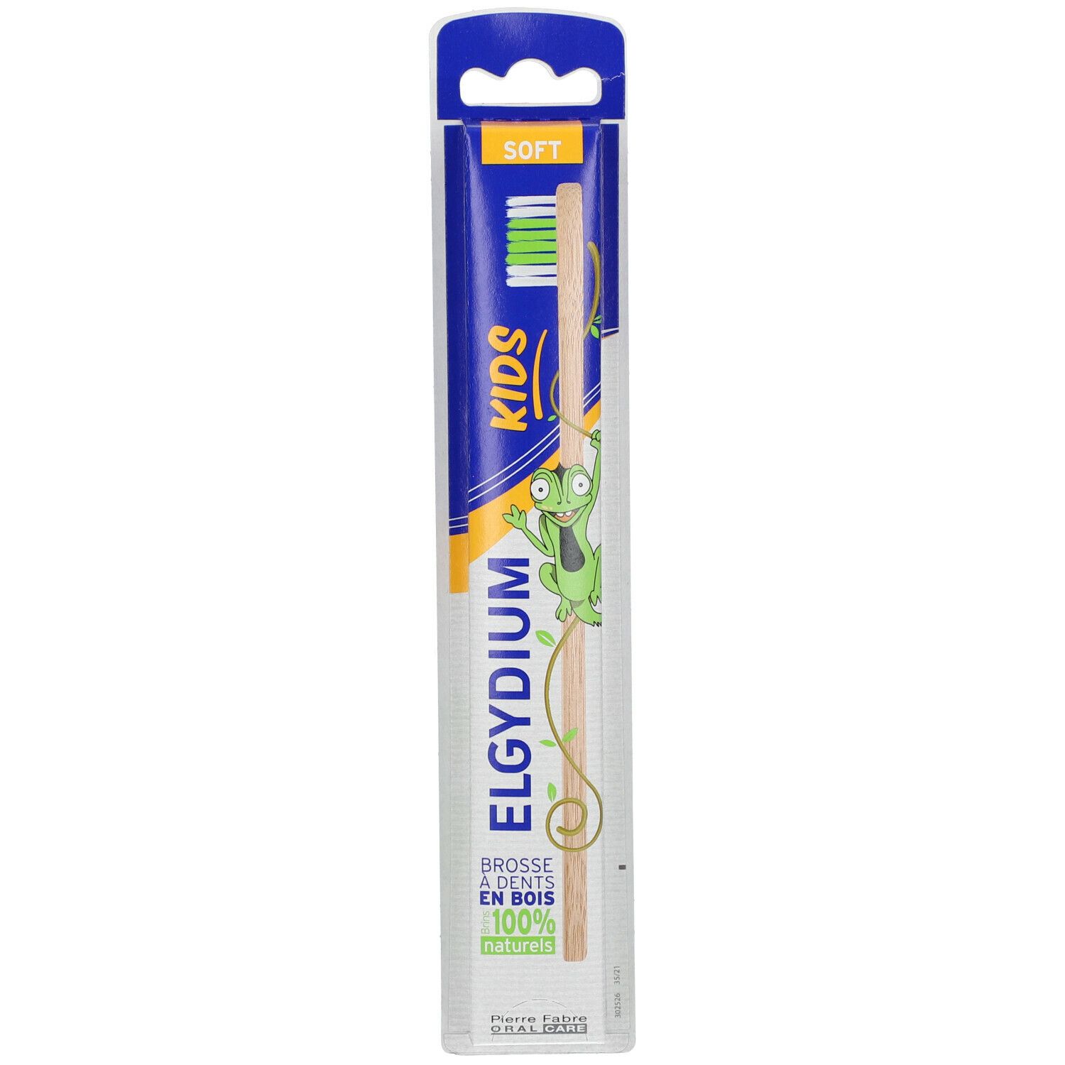 Brosse à dents enfant en bois, emballage. Inscription: ELGYDIUM KIDS, Brosse à dents en bois, 100% naturel.
