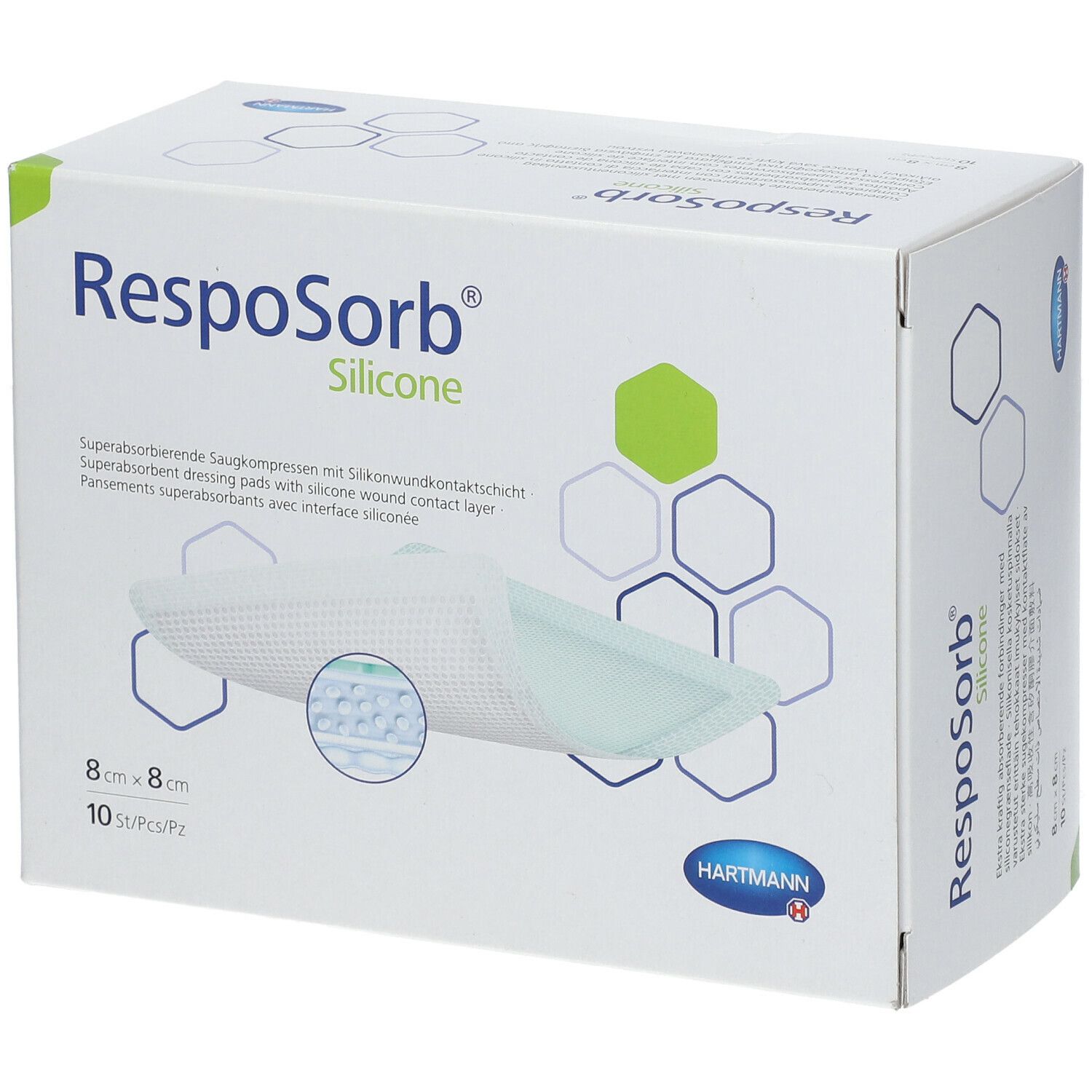 Verpakking van RespoSorb Silicone. 8x8cm, 10 stuks. Merk Hartmann. Productafbeelding en zeshoekige graphics.