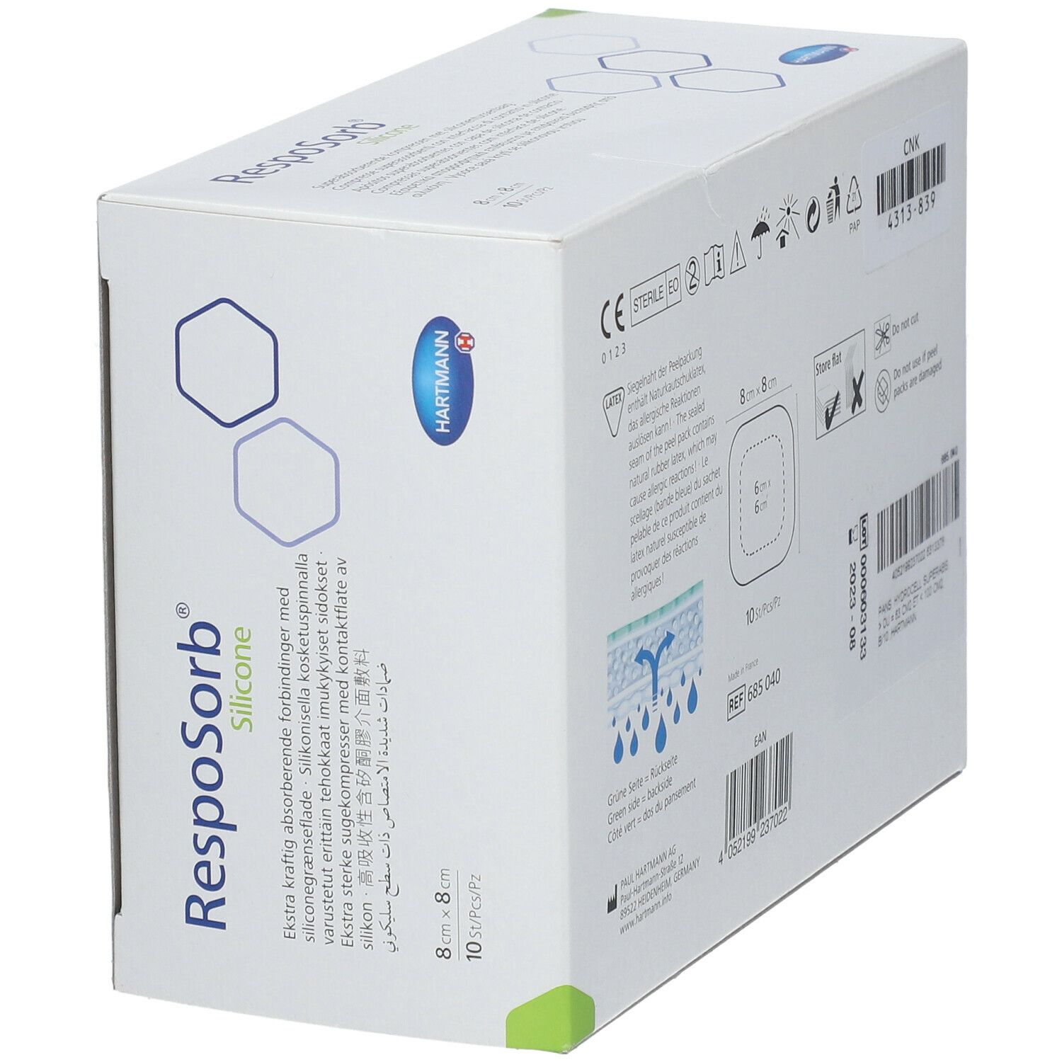Verpakking van RespoSorb Silicone. Productafbeelding, afmetingen, merk Hartmann. Meertalige productinformatie.