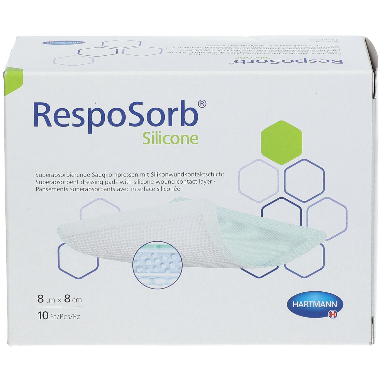 Verpakking van RespoSorb Silicone. 8x8cm, 10 stuks. Merk Hartmann. Productafbeelding en zeshoekige graphics.