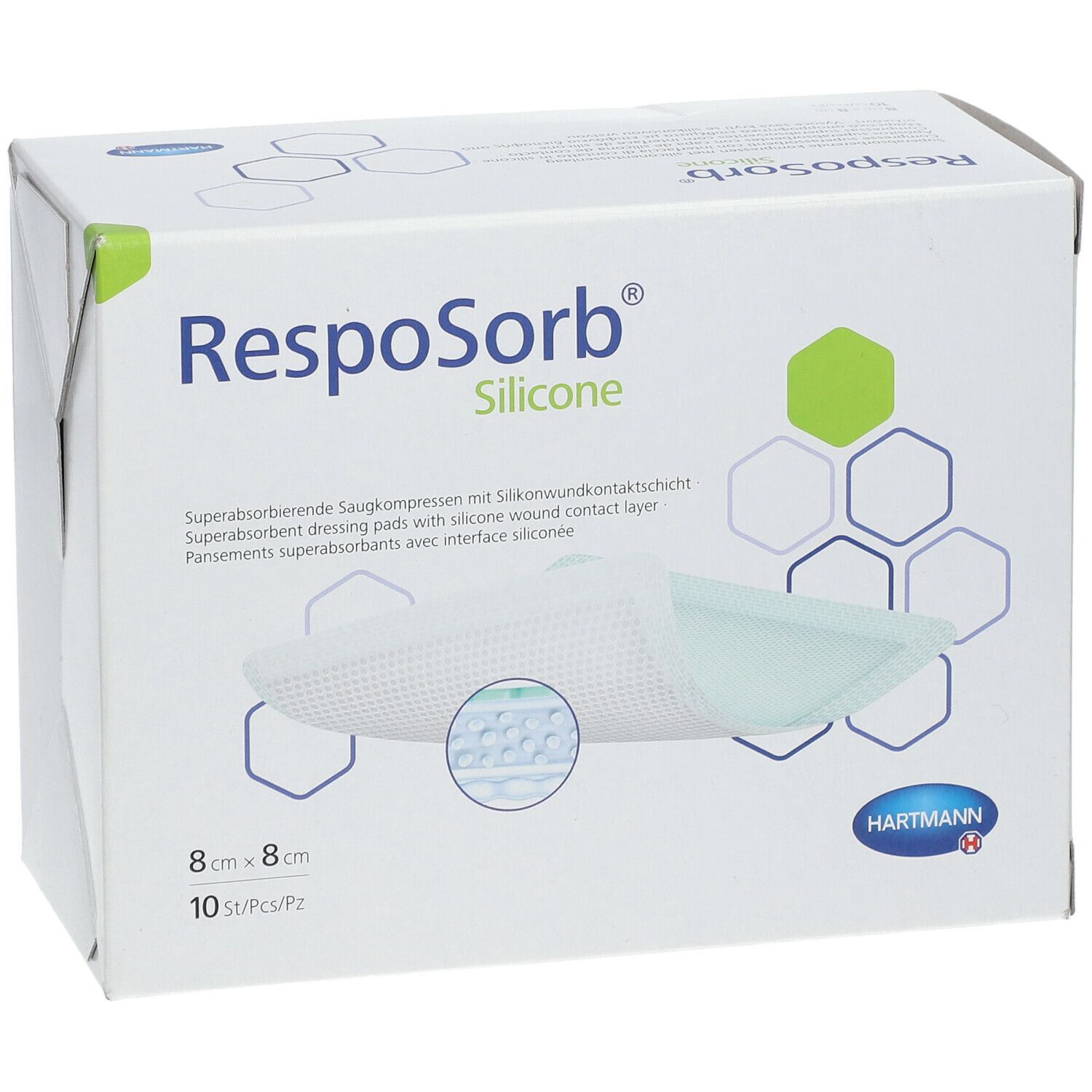 Verpakking van RespoSorb Silicone. 8x8cm, 10 stuks. Merk Hartmann. Productafbeelding en zeshoekige graphics.