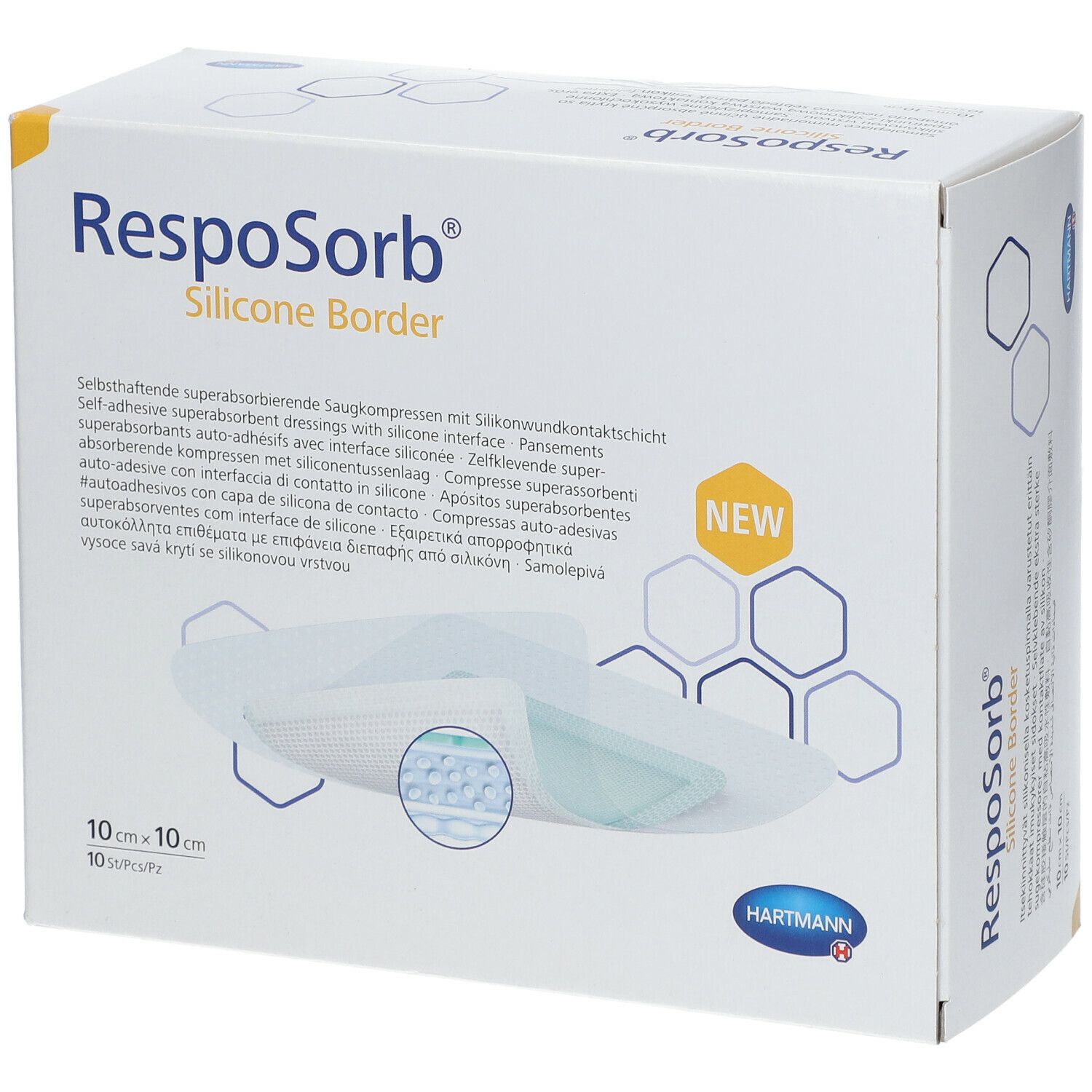 Verpakking RespoSorb Silicone Border, 10x10cm, 10 stuks. Hartmann logo en productnaam. 'NEW' label.