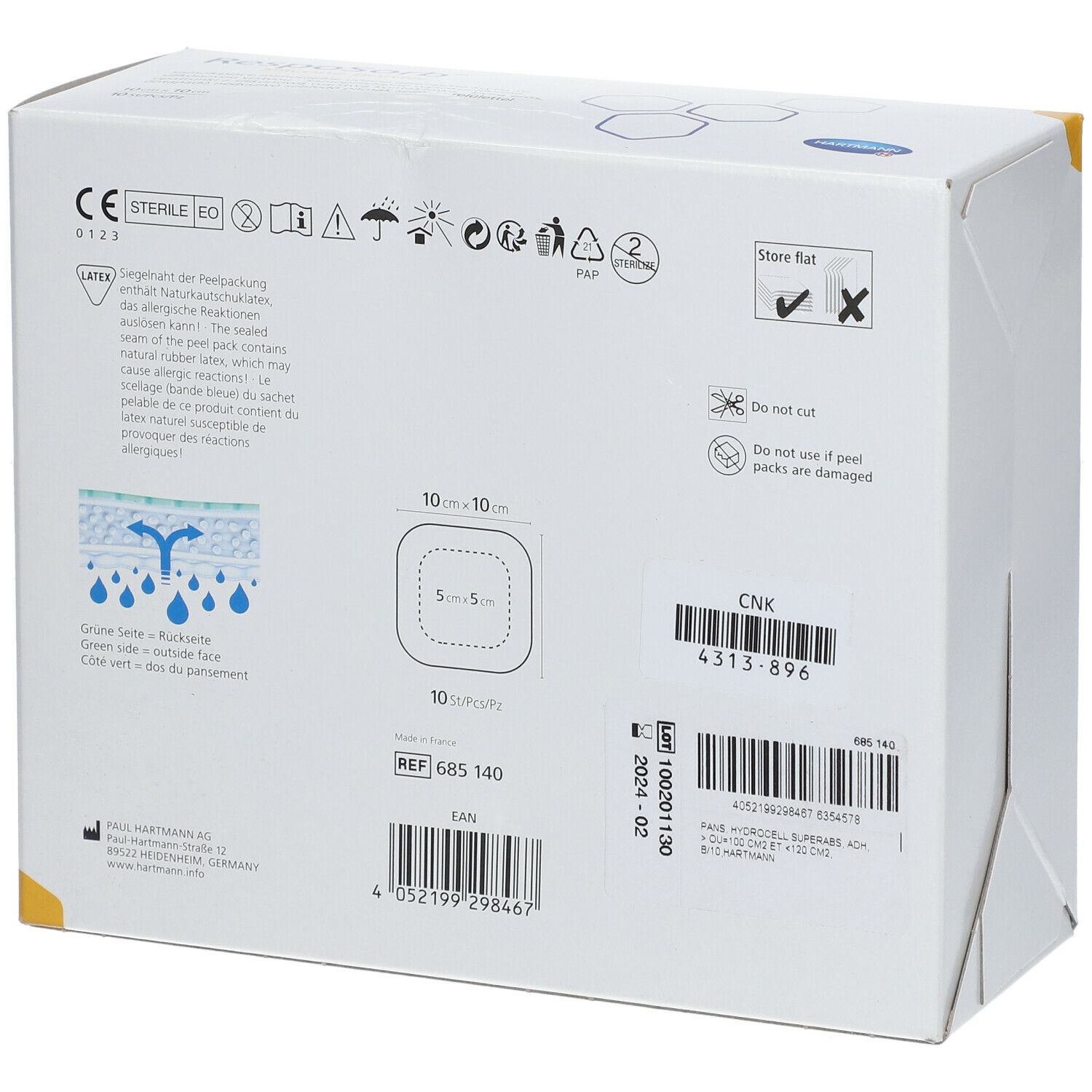 Achterkant van de RespoSorb Silicone Border verpakking. Productinformatie, maat 10x10cm, lotnummer.